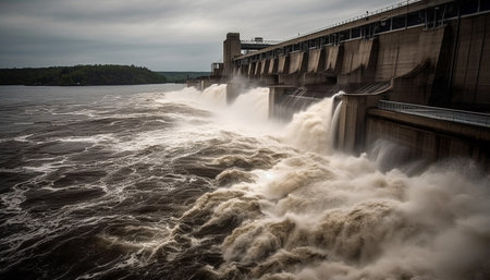 Hydroelectric power station generates electricity from flowing water and nature generated by artificial intelligenceの素材