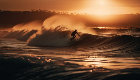 One person surfing waves at sunset, back lit by sunlight generated by artificial intelligenceの素材