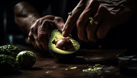 Healthy hand prepares fresh vegetarian snack with avocado and pumpkin generated by artificial intelligenceの素材