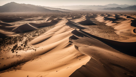 Rippled sand dunes create a majestic striped landscape in Africa generated by artificial intelligenceの素材