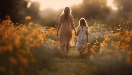 Mother and daughter walking in meadow, enjoying autumn beauty generated by artificial intelligenceの素材