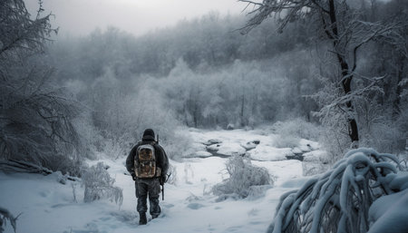 One person hiking in winter forest, enjoying solitude and nature generated by artificial intelligenceの素材