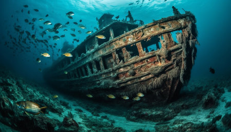Abandoned shipwreck in tropical waters, home to colorful sea life generated by artificial intelligenceの素材