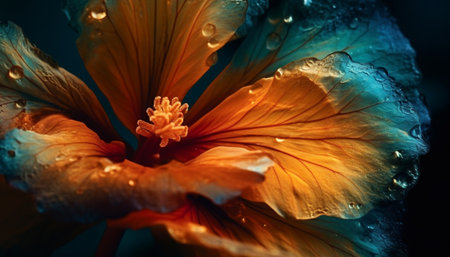 Vibrant flower head in macro, dew drops on petals underwater generated by artificial intelligenceの素材