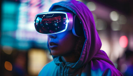 Young adults in futuristic city use virtual reality simulator outdoors generated by artificial intelligenceの素材