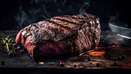 Juicy grilled sirloin steak with rustic seasoning on wooden plate generated by artificial intelligenceの素材