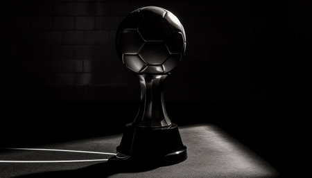 Successful soccer championship symbol shines in black background spotlight generated by artificial intelligenceの素材