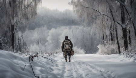 One person hiking in winter landscape, surrounded by snow covered trees generated by artificial intelligenceの素材