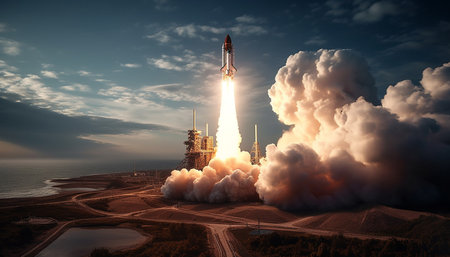 Futuristic spaceship orbits galaxy, fueled by technology and power generation generated by artificial intelligenceの素材