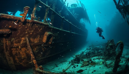 Exploring the sunken shipwreck, surrounded by colorful sea life generated by artificial intelligenceの素材