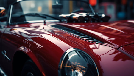 Vintage sports car driving on city streets, chrome bumper shining generated by artificial intelligenceの素材