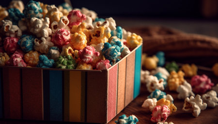 A colorful, sweet, and indulgent still life of fruit and candy generated by artificial intelligenceの素材