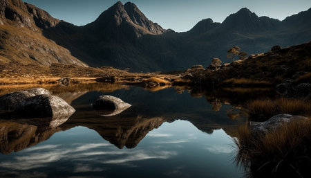 Majestic mountain range reflects tranquil scene of natural beauty generated by artificial intelligenceの素材