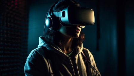Young adults playing futuristic video game on virtual reality simulator generated by artificial intelligenceの素材