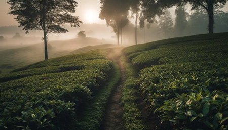 Green tea plantations in the misty mountain landscape at dawn generated by artificial intelligenceの素材