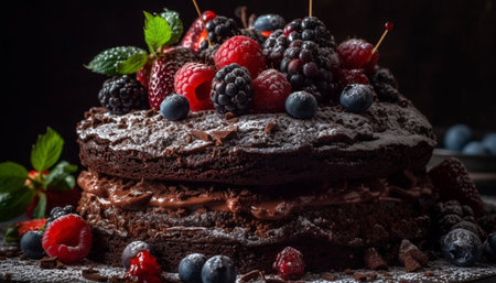 Indulgent homemade chocolate cheesecake with fresh berry decoration on wood generated by artificial intelligenceの素材