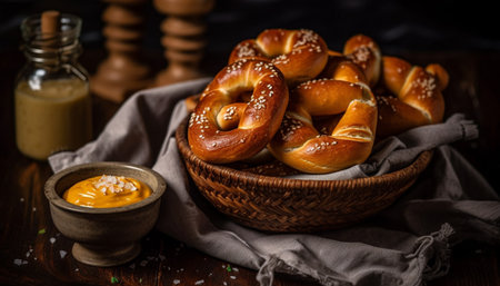 A rustic table with a close up of a crunchy pretzel generated by artificial intelligenceの素材