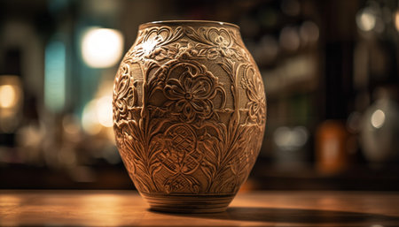 Earthenware vase on wooden table, a rustic decoration generated by artificial intelligenceの素材