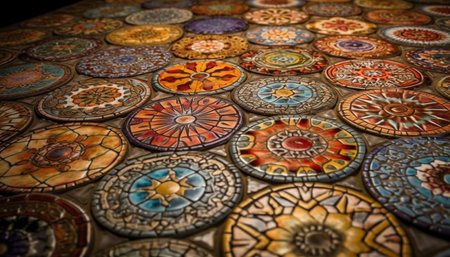 Vibrant patchwork rug showcases ornate floral patterns in Turkish style generated by artificial intelligenceの素材
