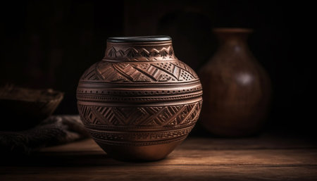 Antique earthenware jug, rustic design, ornate handle, decorative still life generated by artificial intelligenceの素材