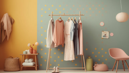 Modern fashion collection: elegant clothing in a domestic room generated by artificial intelligenceの素材