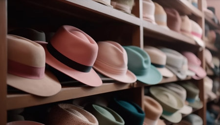 Large collection of elegant headwear on display in clothing store generated by artificial intelligenceの素材
