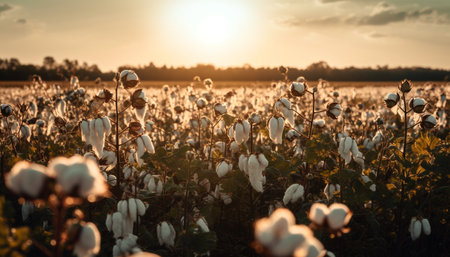 Ripe flower head in idyllic meadow, back lit by sunset generated by artificial intelligenceの素材