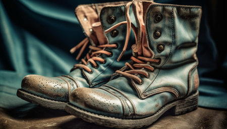 Old leather army boots, rough and dirty, lace undone generated by artificial intelligenceの素材