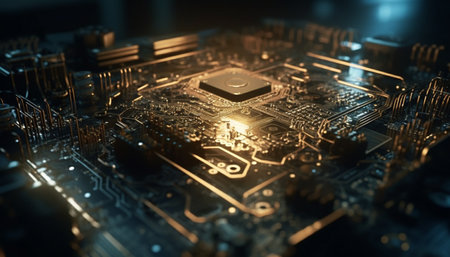 Abstract circuit board pattern showcases complexity of computer equipment industry generated by artificial intelligenceの素材