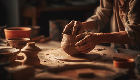 Craftsperson turning clay on pottery wheel, molding a vase shape generated by artificial intelligenceの素材