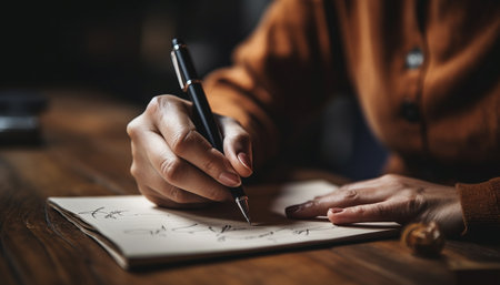 Creative businessman working on plan at desk with pen and paper generated by artificial intelligenceの素材