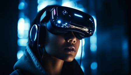 One young adult wearing a headset in a futuristic simulator generated by artificial intelligenceの素材