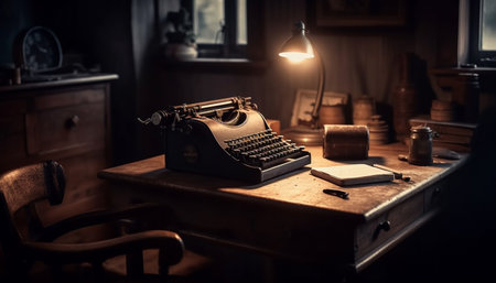 Rustic typewriter on antique wooden desk evokes nostalgia for obsolete technology generated by artificial intelligenceの素材