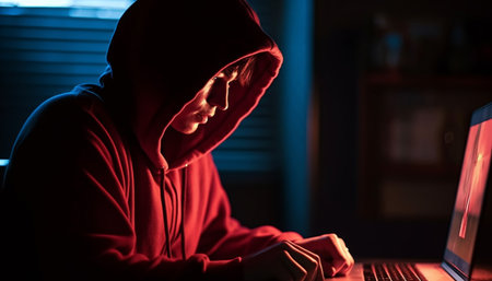 One man typing on laptop, back lit, concentration, indoors generated by artificial intelligenceの素材