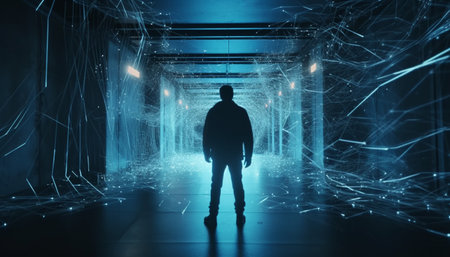 One person standing in a dark blue futuristic suit indoors generated by artificial intelligenceの素材