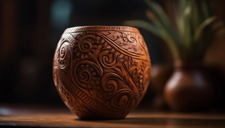 Earthenware vase with ornate pattern, rustic charm for home decoration generated by artificial intelligenceの素材