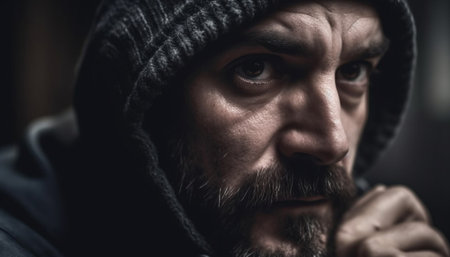 Serious young adult male with beard in hooded shirt looking macho generated by artificial intelligenceの素材