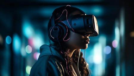 Young adults enjoy virtual reality simulator in illuminated city nightlife generated by artificial intelligenceの素材