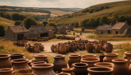 Earthenware jar, crafted by a potter, sits on rustic cottage generated by artificial intelligenceの素材