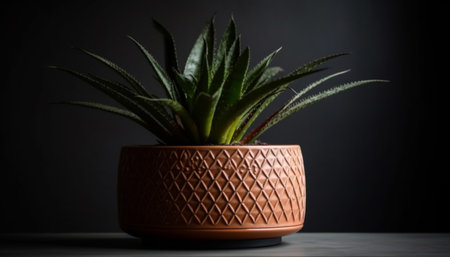 Fresh green potted plant in yellow pottery on black background generated by artificial intelligenceの素材