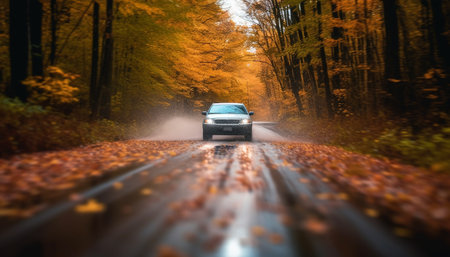 Driving on a wet, slippery asphalt road in autumn generated by artificial intelligenceの素材