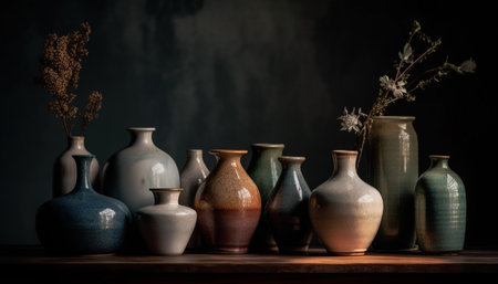 Antique pottery collection on rustic wooden shelf, nature inspired decoration generated by artificial intelligenceの素材
