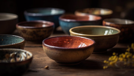 Earthenware pottery jar collection with rustic decoration and ornate pattern generated by artificial intelligenceの素材