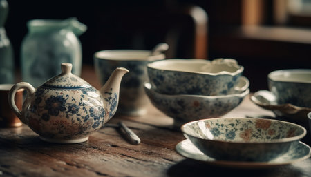 Antique earthenware teapot and crockery set on rustic wooden table generated by artificial intelligenceの素材