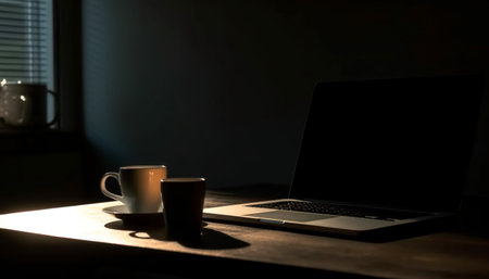 Modern laptop on desk, coffee cup and computer monitor backlit generated by artificial intelligenceの素材