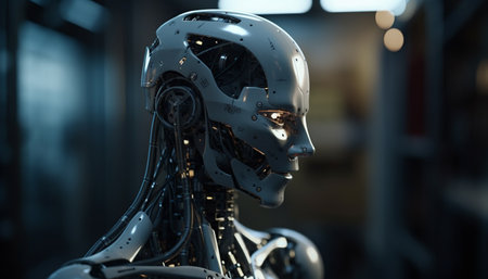 Futuristic robot cyborg technology men one person adult portrait science generated by artificial intelligenceの素材