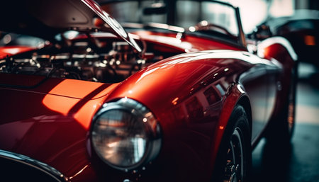 Vintage sports car driving on the road, chrome bumper shining generated by artificial intelligenceの素材