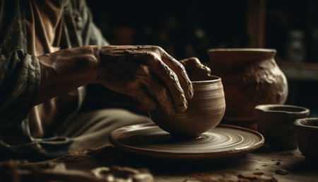 Craftsperson turning wet clay on pottery wheel, shaping earthenware vase generated by artificial intelligenceの素材