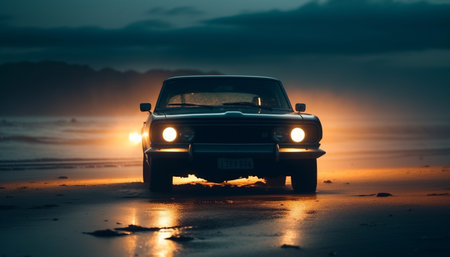 Driving sports car on off road adventure, chasing sunset reflection generated by artificial intelligenceの素材