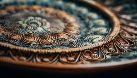 Ornate pottery plate with floral pattern, representing East Asian culture generated by artificial intelligenceの素材